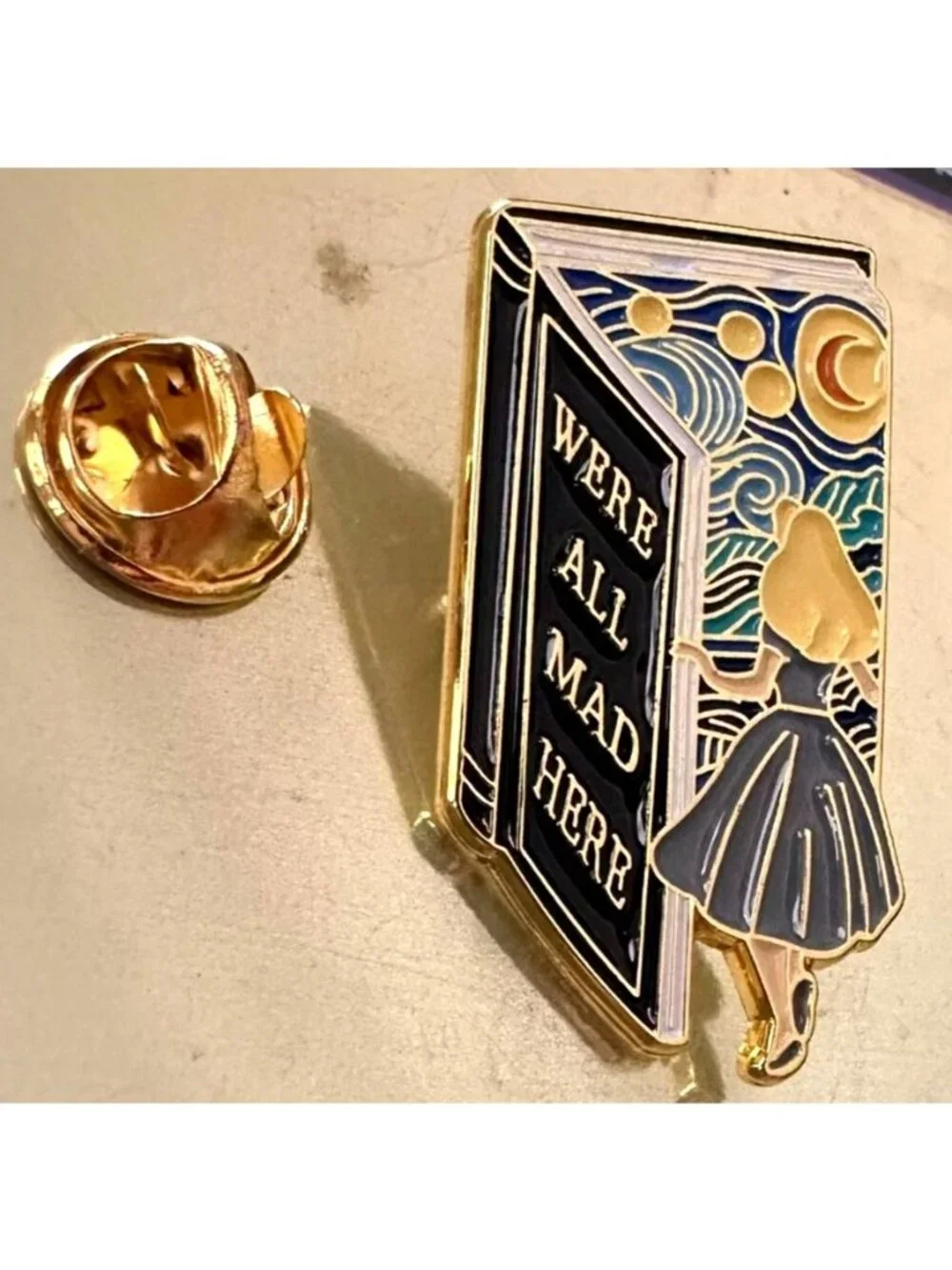 Alice in Wonderland Pin We’re All Mad Here Book Design Starry Night Rabbit Hole